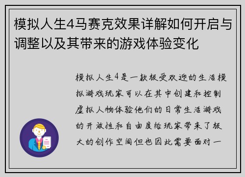 模拟人生4马赛克效果详解如何开启与调整以及其带来的游戏体验变化